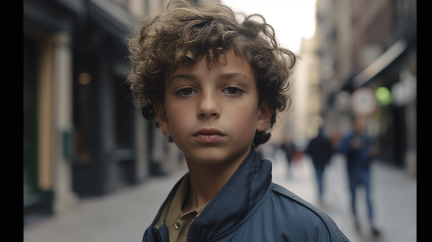 street style photo of a boy, latino, wide shot, natural lighting, soho, shot on Agfa Vista 200, 4k --ar 16:9 --v 5