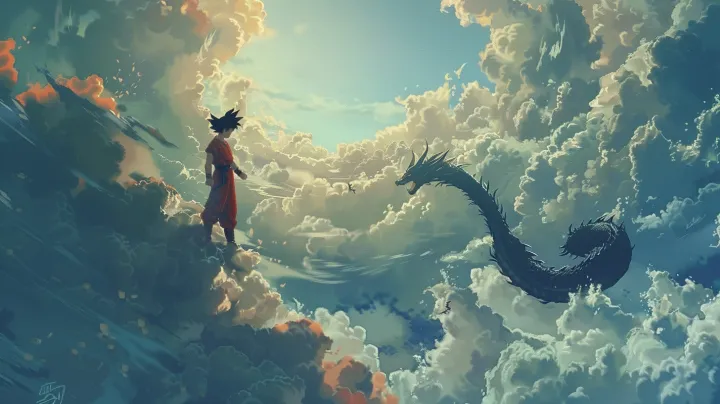 Goku en las nubes viendo a Shenlong a la distancia